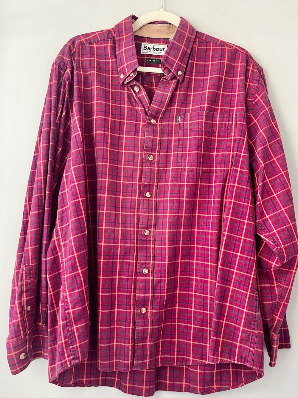 Barbour Mens Red Tattersall Classic Fit Plaid Button Down Shirt Large